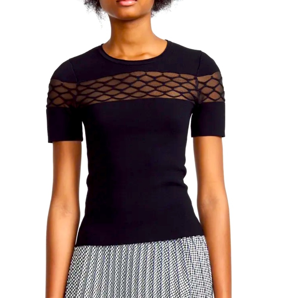 Maje NWT Marinel Diamond Effect Black Lace Inlay Short Sleeve Top Size 1